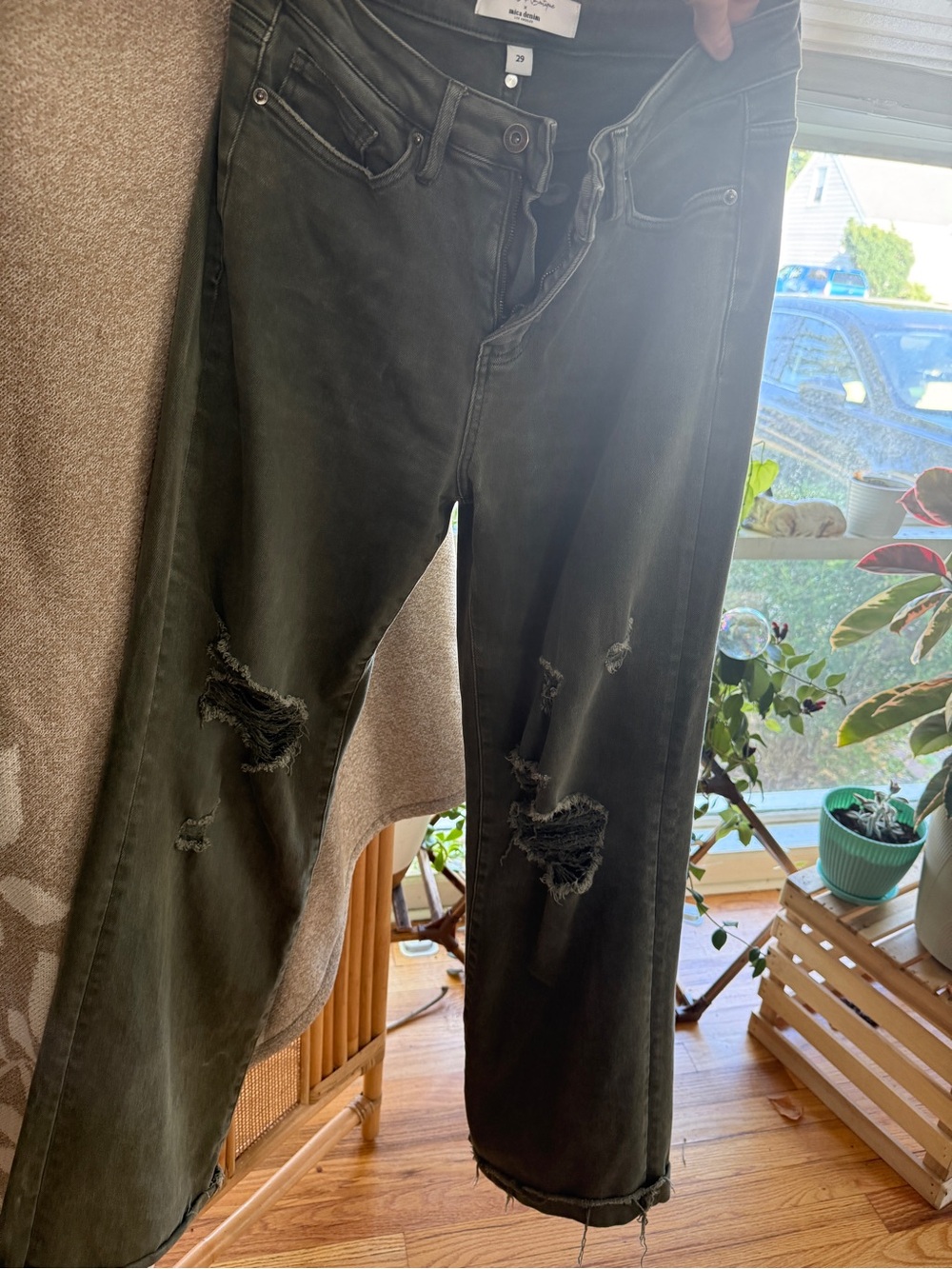 Olive Green Distressed Wide-Leg Jeans - Picture 7 of 7
